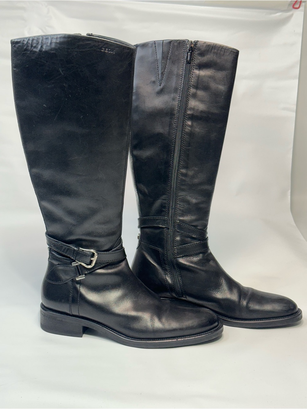Geox Respira Tall Black Leather Riding Boots Buckle Zip Women